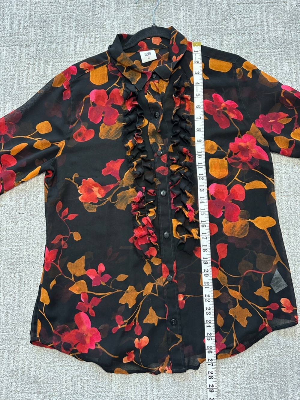 Gabi Sheer Floral Blouse Black Red Gold Ruffle Button Down Top Y2K Fall - Picture 10 of 15